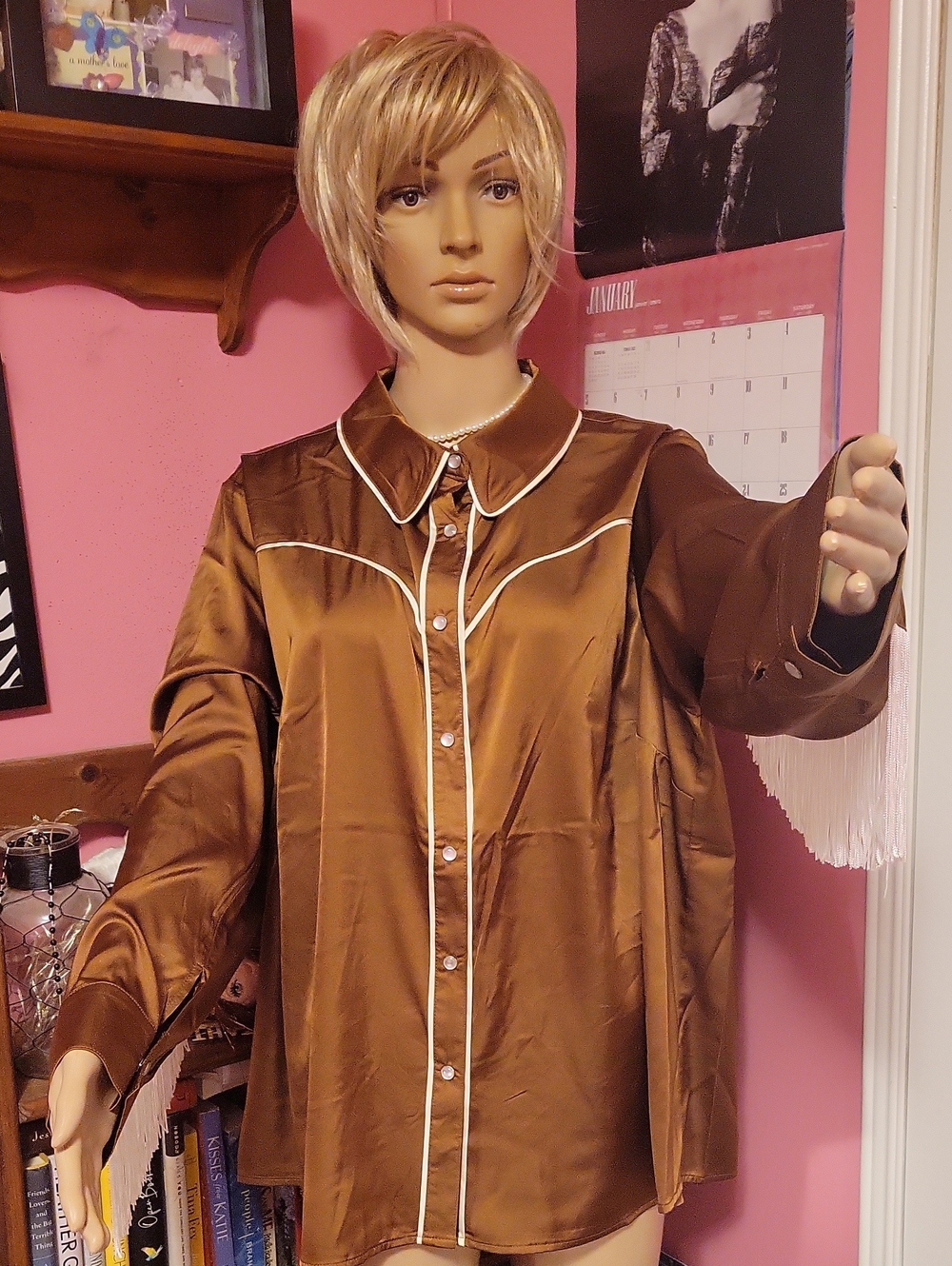 Satin Button-Front Women's Blouse in Brown with Contrast Piping and Fringe